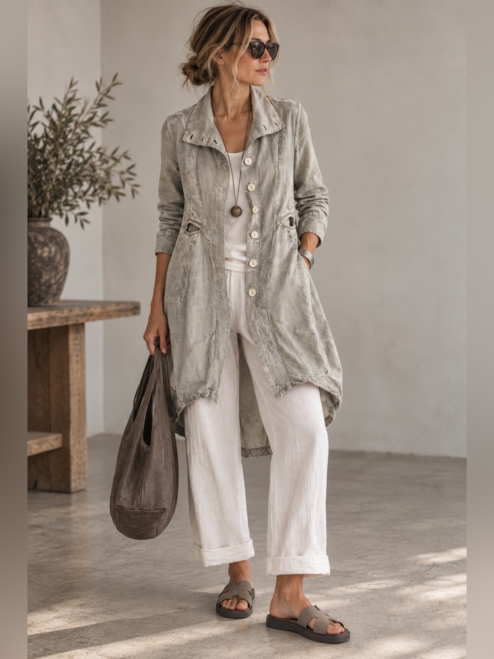 GRIZAS Crinkled Silk Linen Asymmetric Long Jacket XS
